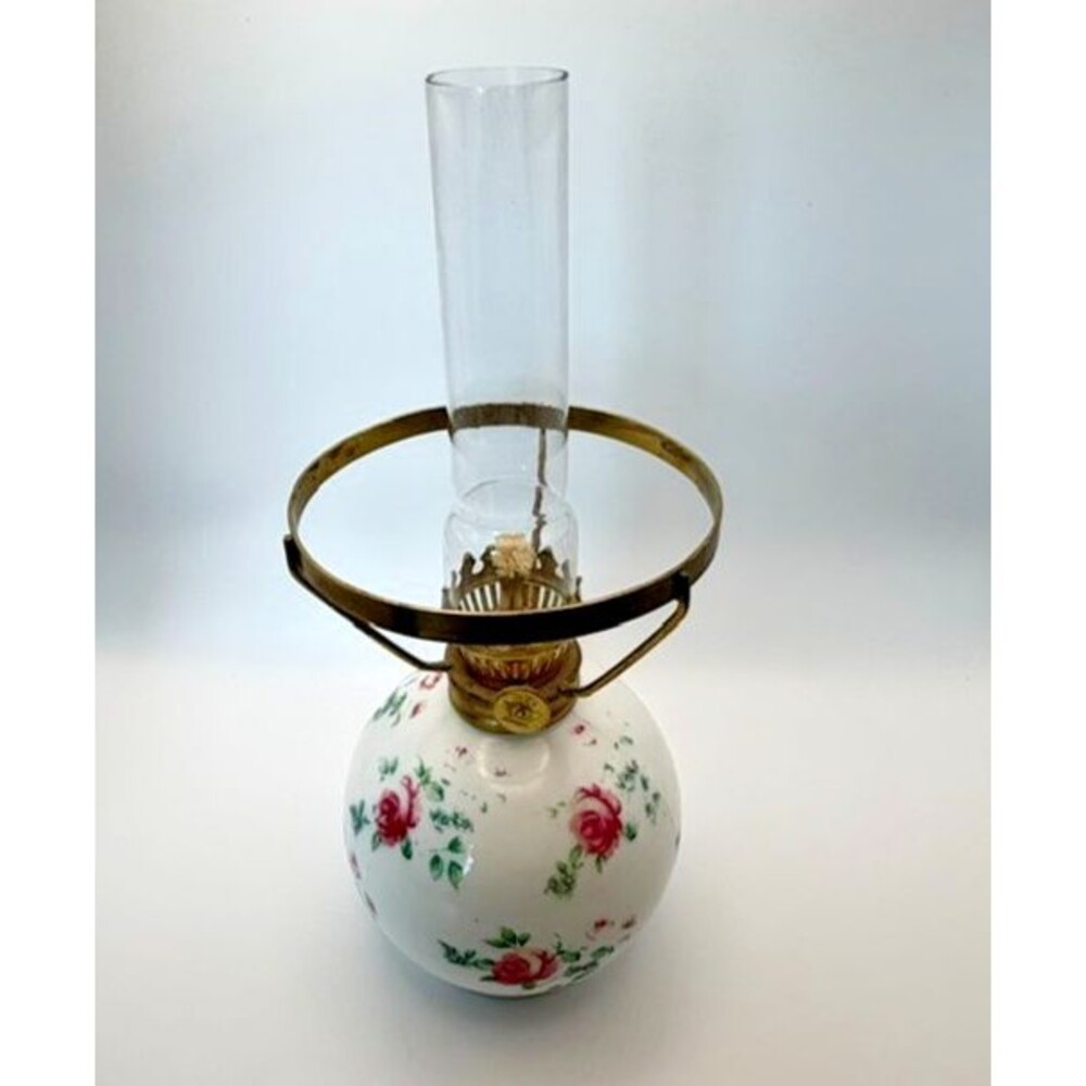 Antique Miniature GWTW Oil Lamp Base White Milk Glass Pink Roses 5 inch Japan